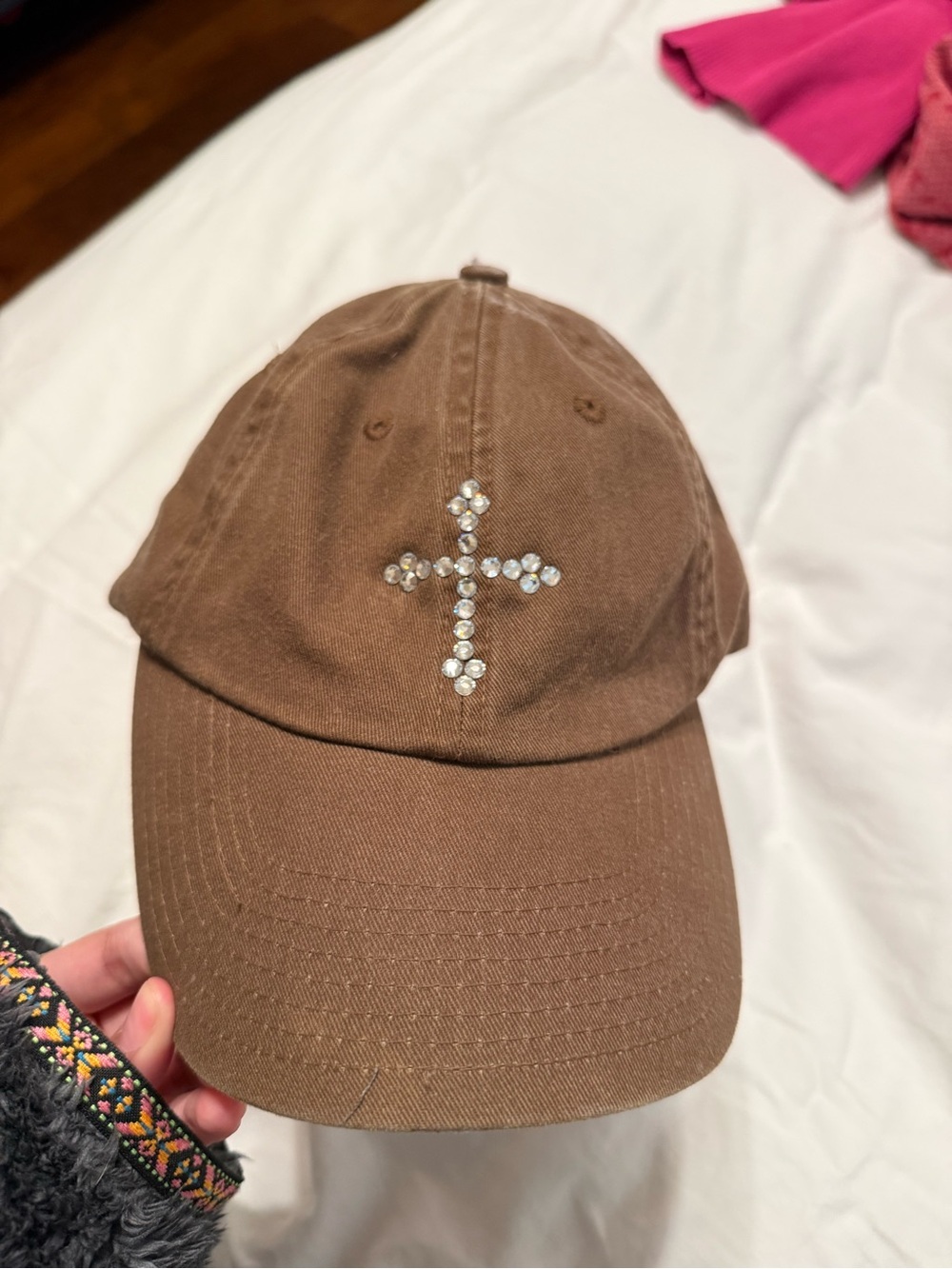 Brown Baseball Cap with Rhinestone Cross
